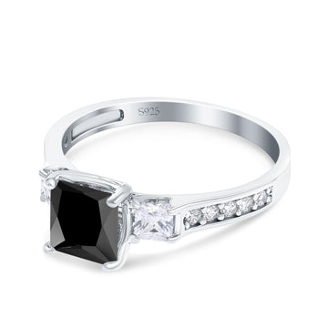Princess Cut Art Deco Wedding Ring Simulated Black CZ 925 Sterling Silver